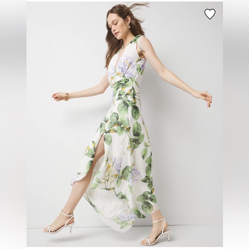 White House black market Ruched waist midi forever floral hem ecru dress 6 8